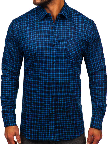 Camisa franela a cuadros de manga larga para hombre azul oscuro y azul Bolf F5