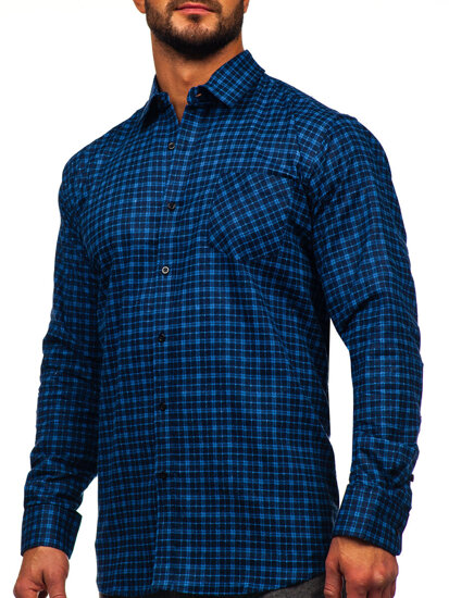 Camisa franela a cuadros de manga larga para hombre azul oscuro y azul Bolf F5