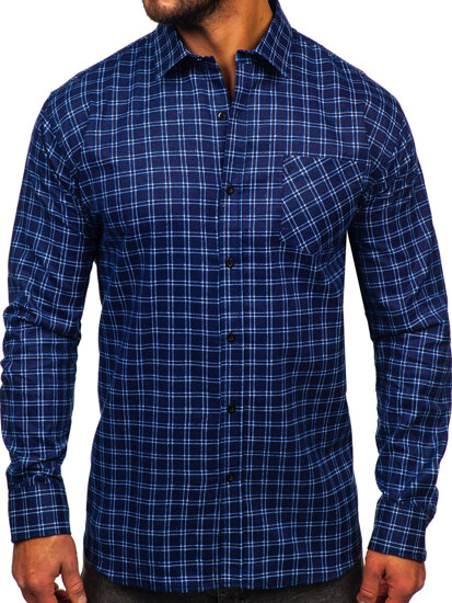 Camisa franela a cuadros de manga larga para hombre azul oscuro y blanco Bolf F4