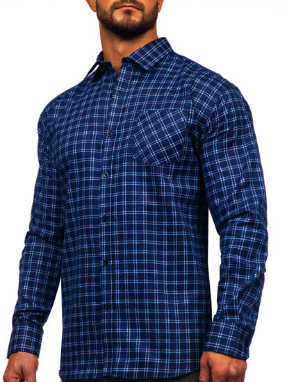 Camisa franela a cuadros de manga larga para hombre azul oscuro y blanco Bolf F4