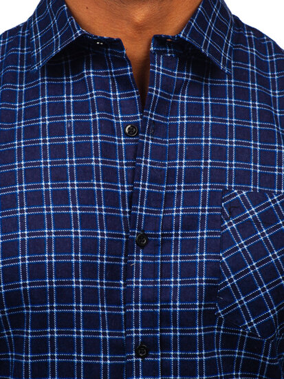 Camisa franela a cuadros de manga larga para hombre azul oscuro y blanco Bolf F4