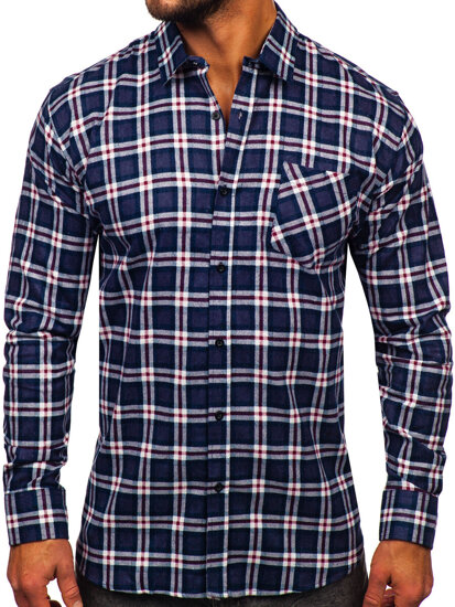 Camisa franela a cuadros de manga larga para hombre azul oscuro y blanco Bolf F6