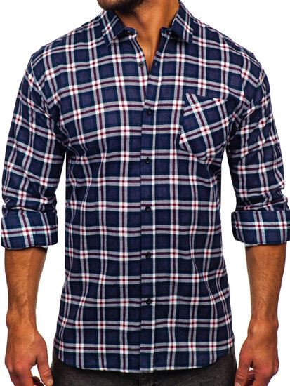 Camisa franela a cuadros de manga larga para hombre azul oscuro y blanco Bolf F6