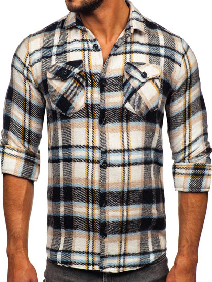 Camisa franela a cuadros de manga larga para hombre azul y marrón Bolf 22704