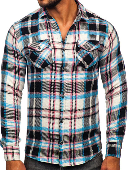 Camisa franela a cuadros de manga larga para hombre azul y rosa Bolf 22704