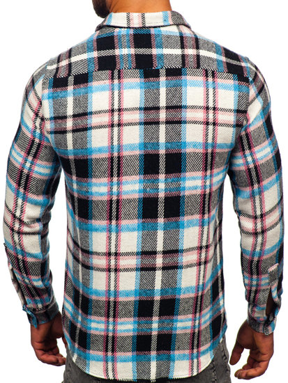 Camisa franela a cuadros de manga larga para hombre azul y rosa Bolf 22704