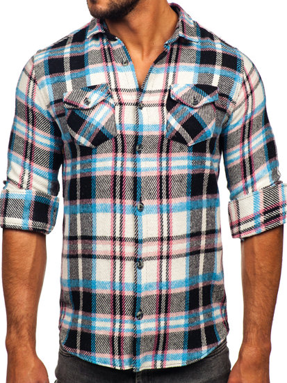 Camisa franela a cuadros de manga larga para hombre azul y rosa Bolf 22704