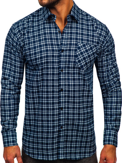 Camisa franela a cuadros de manga larga para hombre blanco y azul oscuro Bolf F7