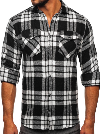 Camisa franela a cuadros de manga larga para hombre blanco y negro Bolf 22702