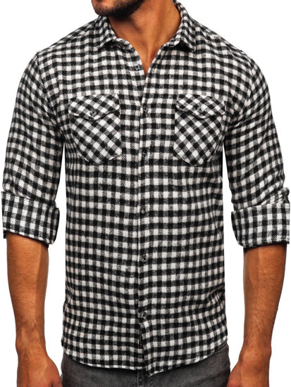 Camisa franela a cuadros de manga larga para hombre negro y blanco Bolf 22701