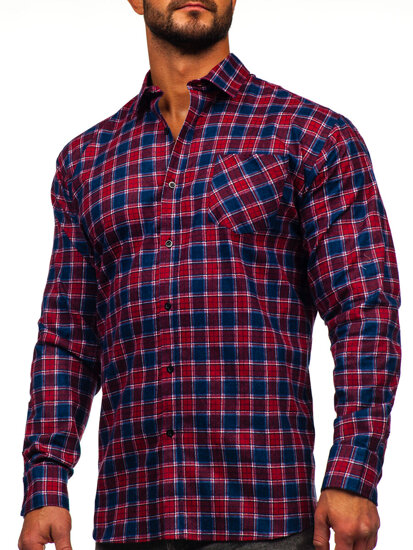 Camisa franela a cuadros de manga larga para hombre rojo y azul oscuro Bolf F6