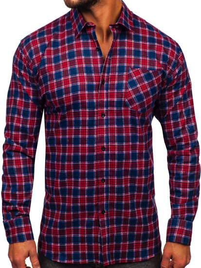 Camisa franela a cuadros de manga larga para hombre rojo y azul oscuro Bolf F6