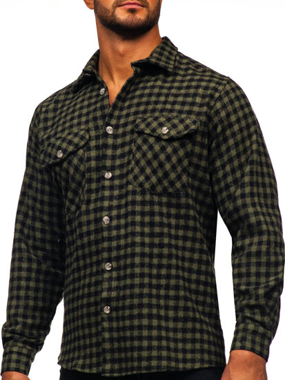 Camisa franela a cuadros de manga larga para hombre verde Bolf 22701