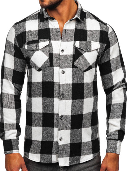 Camisa franela de manga larga para hombre blanco y negro Bolf 20723