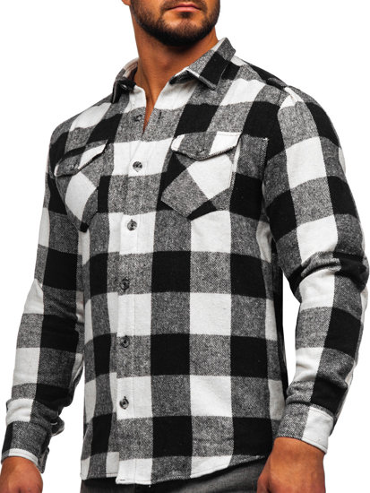 Camisa franela de manga larga para hombre blanco y negro Bolf 20723