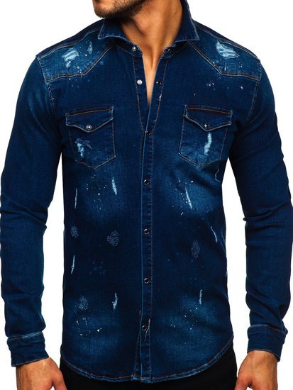 Camisa vaquera a manga larga para hombre color azul oscuro Bolf R801