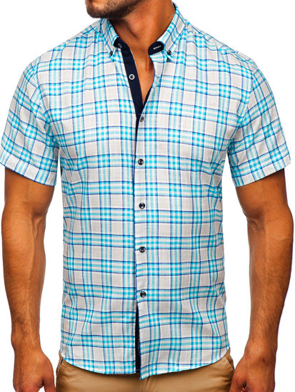 Camiseta a manga corta a cuadros para hombre color azul celeste Bolf 201501