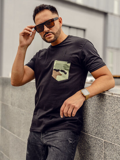 Camiseta algodón con bolsillo e impresión camuflaje para hombre negro Bolf 14507A