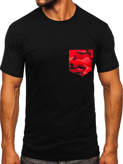 Camiseta algodón de manga corta con bolsillo para hombre negro y rojo Bolf 14507