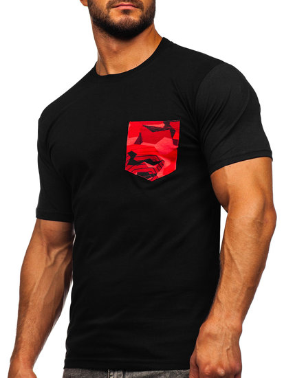 Camiseta algodón de manga corta con bolsillo para hombre negro y rojo Bolf 14507