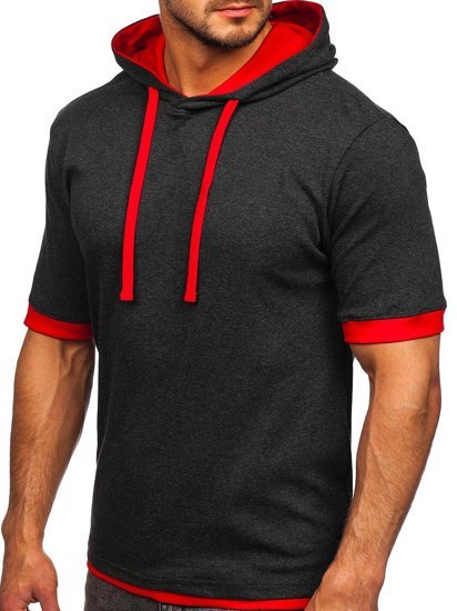 Camiseta algodón de manga corta con capucha sin impresión para hombre antracita y rojo Bolf 08-1