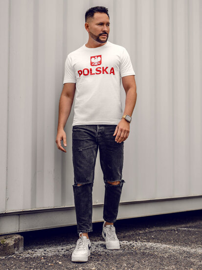 Camiseta algodón de manga corta con impresión de Polonia para hombre blanco 5065A