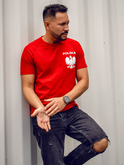 Camiseta algodón de manga corta con impresión de Polonia para hombre rojo 5064A