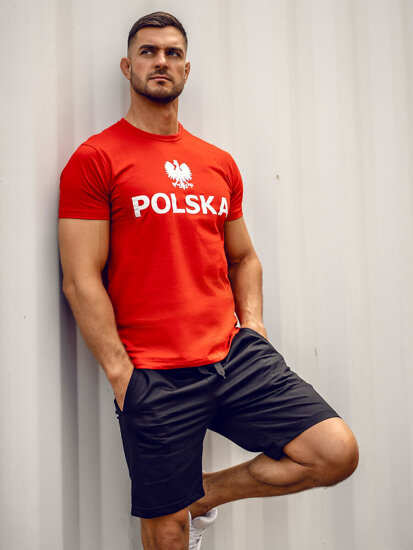 Camiseta algodón de manga corta con impresión de Polonia para hombre rojo 5065A