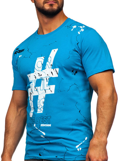 Camiseta algodón de manga corta con impresión para hombre azul turquesa Bolf 14728