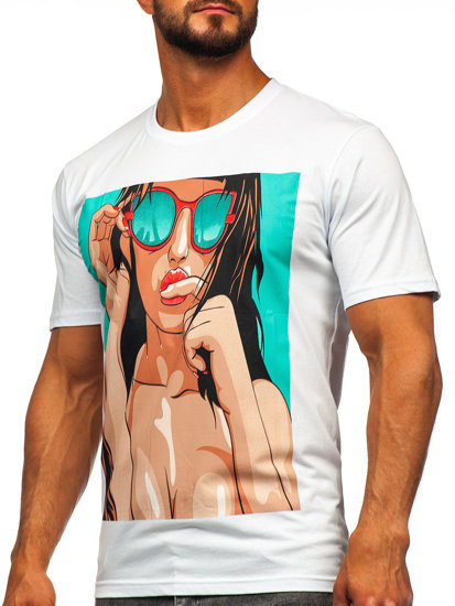 Camiseta algodón de manga corta con impresión para hombre blanco Bolf 143019