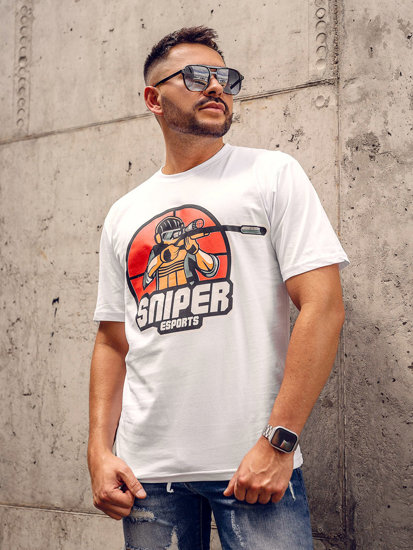 Camiseta algodón de manga corta con impresión para hombre blanco Bolf 143022A