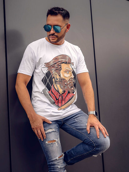 Camiseta algodón de manga corta con impresión para hombre blanco Bolf 143024A