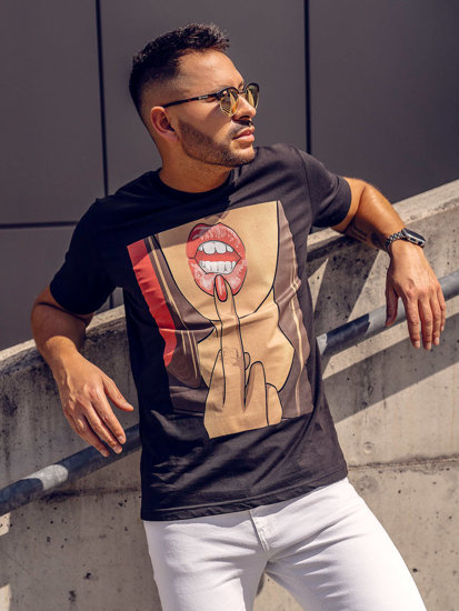 Camiseta algodón de manga corta con impresión para hombre negro Bolf 143018A