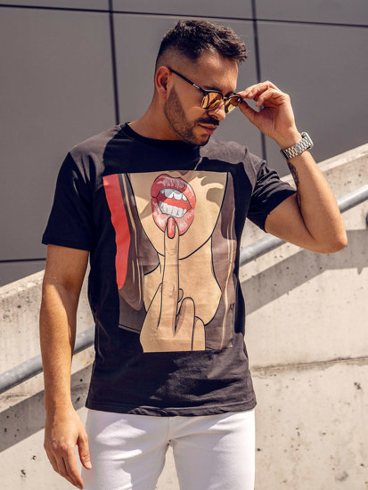 Camiseta algodón de manga corta con impresión para hombre negro Bolf 143018A