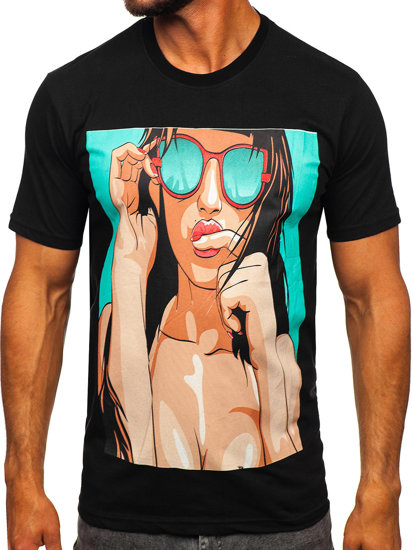 Camiseta algodón de manga corta con impresión para hombre negro Bolf 143019