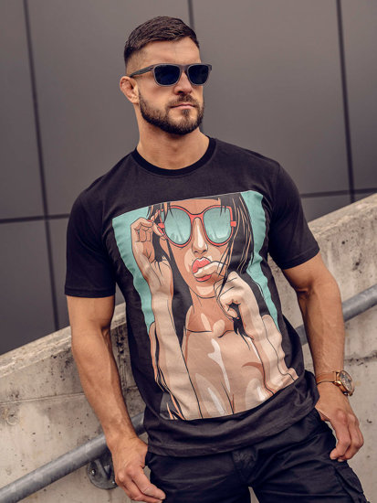 Camiseta algodón de manga corta con impresión para hombre negro Bolf 143019A