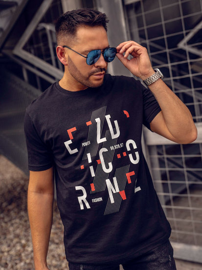 Camiseta algodón de manga corta con impresión para hombre negro Bolf 14752A