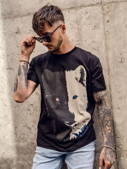 Camiseta algodón de manga corta con impresión para hombre negro Bolf 14800A