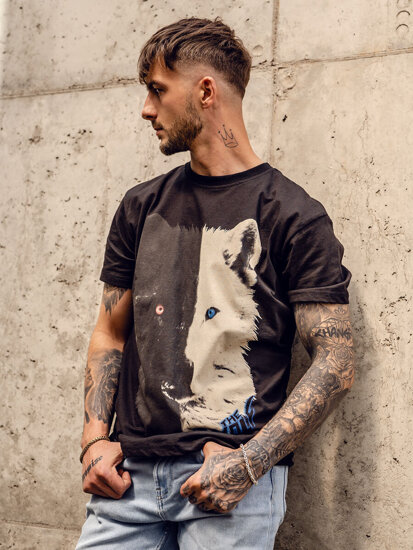 Camiseta algodón de manga corta con impresión para hombre negro Bolf 14800A