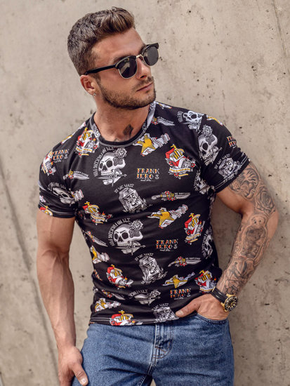 Camiseta algodón de manga corta con impresión para hombre negro Bolf 14963A