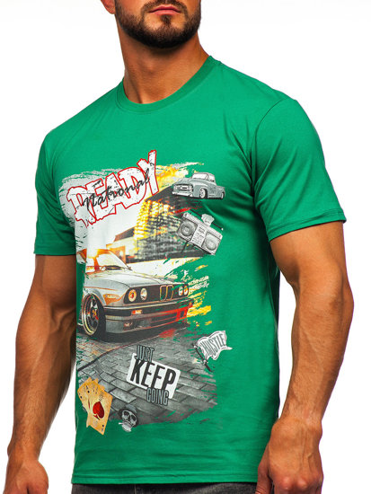 Camiseta algodón de manga corta con impresión para hombre verde Bolf 143004