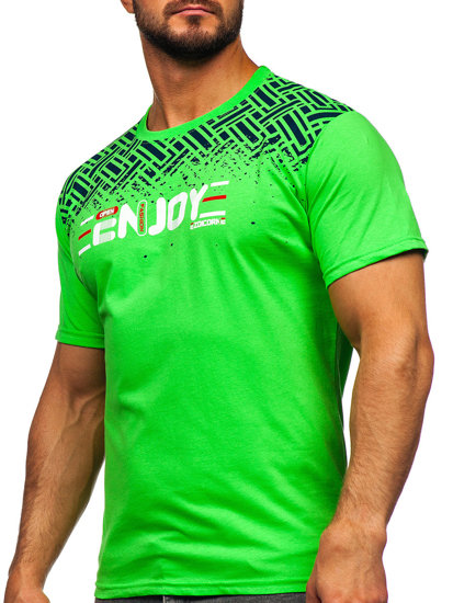 Camiseta algodón de manga corta con impresión para hombre verde y fluorescente Bolf 14720