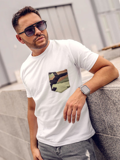 Camiseta algodón de manga corta con impresión y bolsillo camuflaje para hombre blanco Bolf 14507A