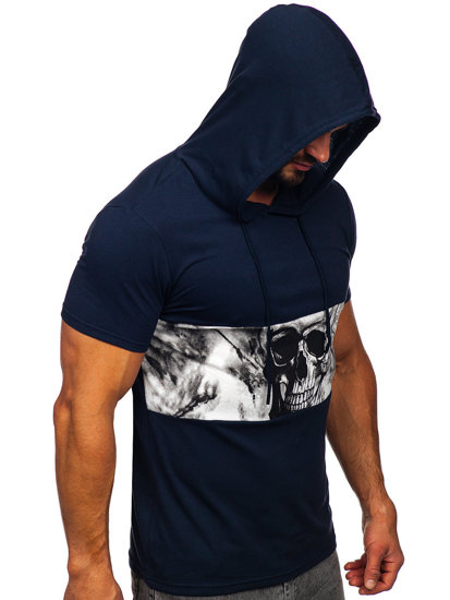 Camiseta de manga corta con capucha con impresión para hombre azul oscuro Bolf 8T971