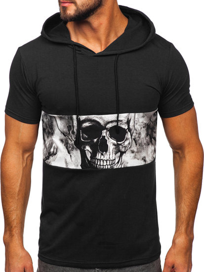 Camiseta de manga corta con capucha con impresión para hombre negro Bolf 8T971