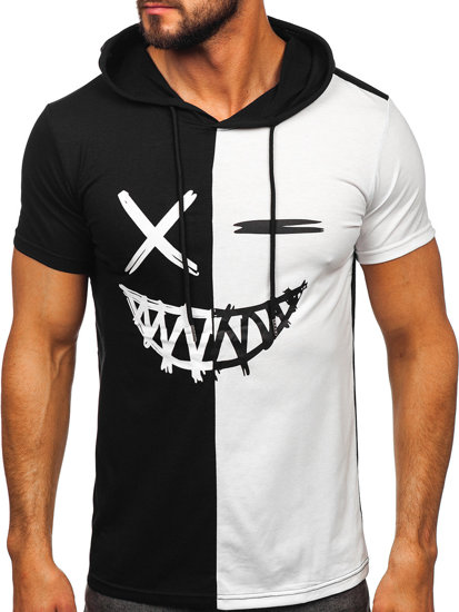 Camiseta de manga corta con capucha con impresión para hombre negro y blanco Bolf 8T981