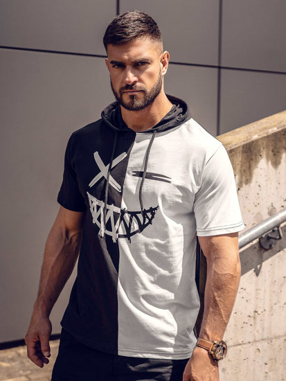 Camiseta de manga corta con capucha e impresión para hombre negro y blanco Bolf 8T981A