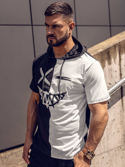 Camiseta de manga corta con capucha e impresión para hombre negro y blanco Bolf 8T981A