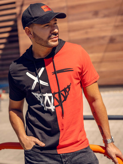 Camiseta de manga corta con capucha e impresión para hombre negro y rojo Bolf 8T981A