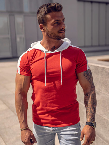 Camiseta de manga corta con capucha sin impresión para hombre rojo Bolf 8T299A